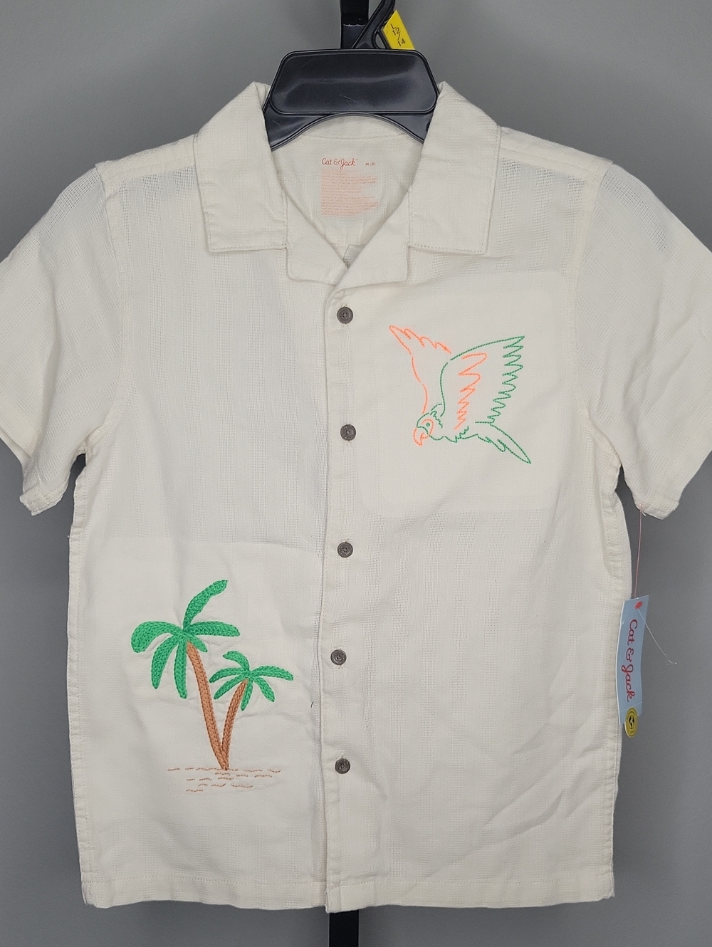 Target Cream Short-Sleeve Button-Down Shirt with Green & Orange Embroidery